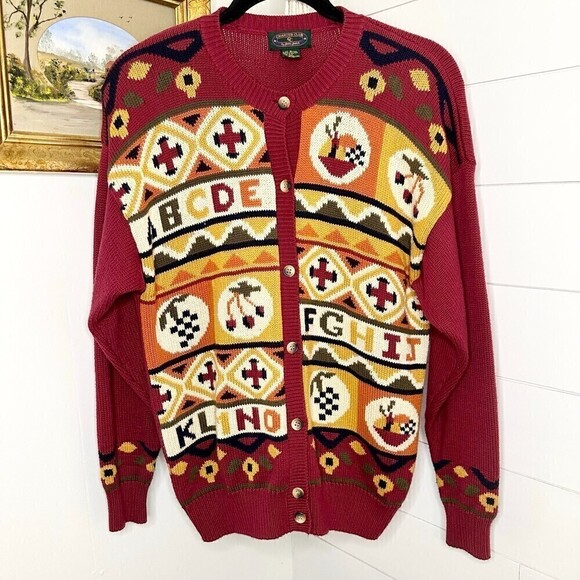 Charter Club Jane Justin Vintage Alphabet Cardigan Sweater Burgundy Size Small - Picture 1 of 5